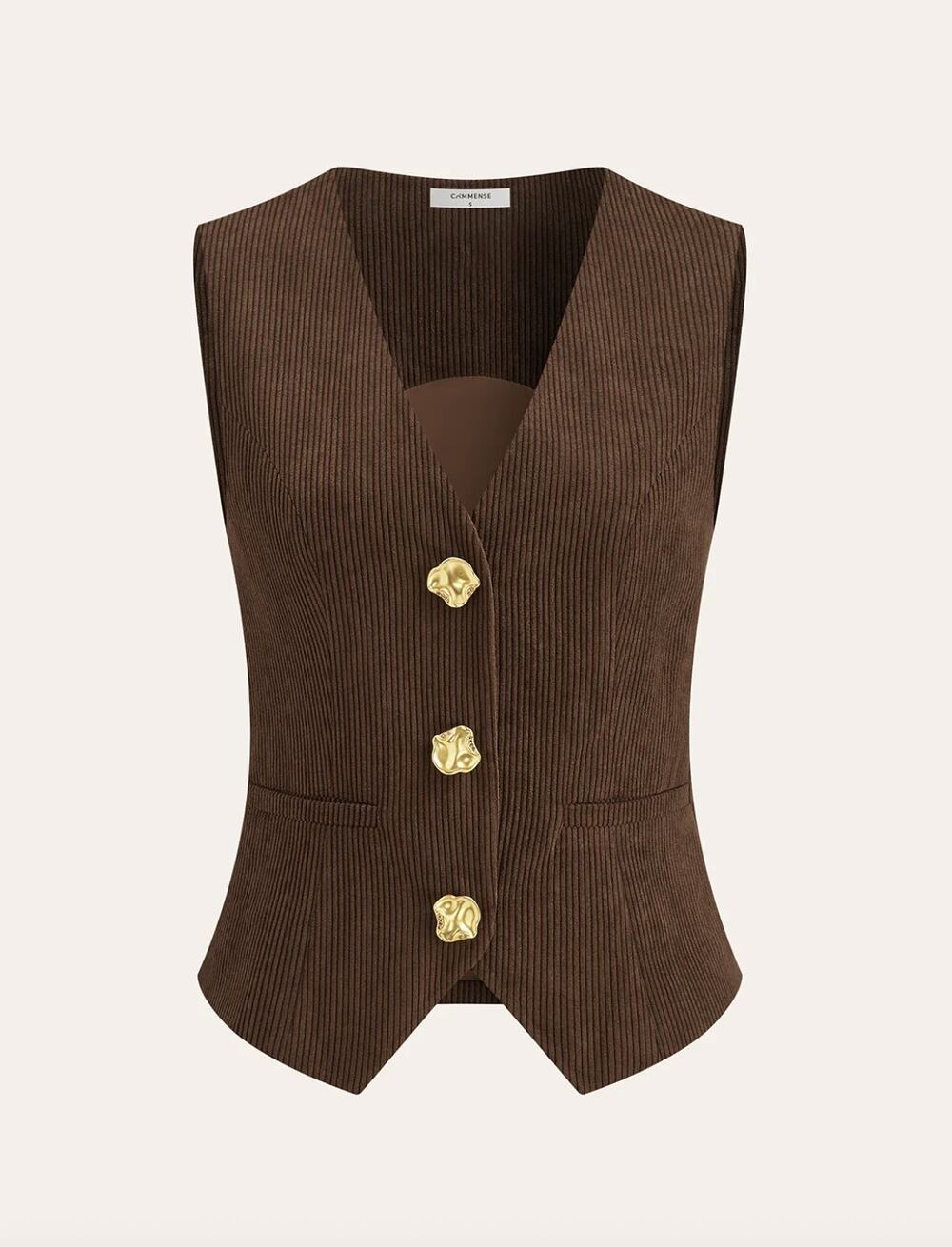 Commense Women's Corduroy V-Neck Button Front Vest Brown Size M